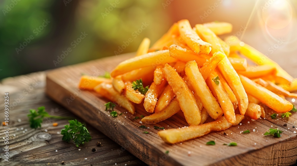 Delicious golden French fries placed on a wooden surface garnished with fresh parsley and sunlight pouring through the window showcasing a perfect snack for any occasion Delicious golden French fries placed on a wooden surface garnished with fresh parsley and sunlight pouring through the window showcasing a perfect snack for any occasion