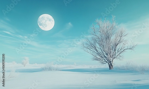 Tranquil winter scenes with a full moon and clear skies, where the main part of the image is a plain color suitable for a background