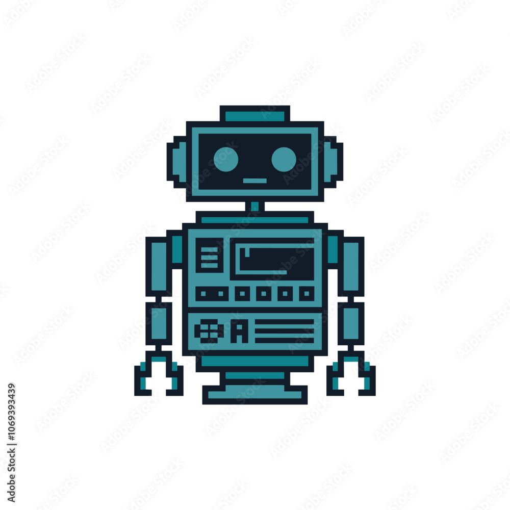 Retro-style teal robot illustration with a boxy design, featuring square head and claw-like hands on a white background. Retro-style teal robot illustration with a boxy design, featuring square head and claw-like hands on a white background.