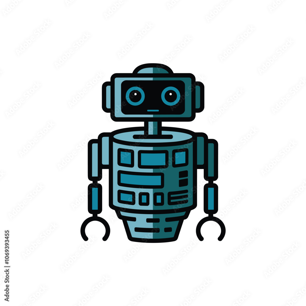 Fototapeta premium Illustration of a simplistic blue robot with black details, featuring a boxy head and cylindrical body against a white background.