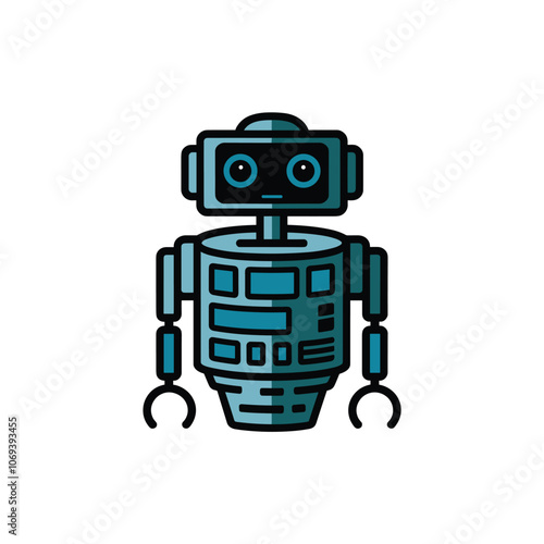 Illustration of a simplistic blue robot with black details, featuring a boxy head and cylindrical body against a white background.