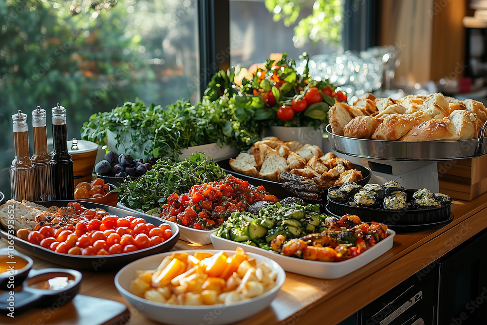 A beautifully arranged table featuring a wide variety of fresh fruits, vegetables, baked goods, and salads for a midday gathering A beautifully arranged table featuring a wide variety of fresh fruits, vegetables, baked goods, and salads for a midday gathering