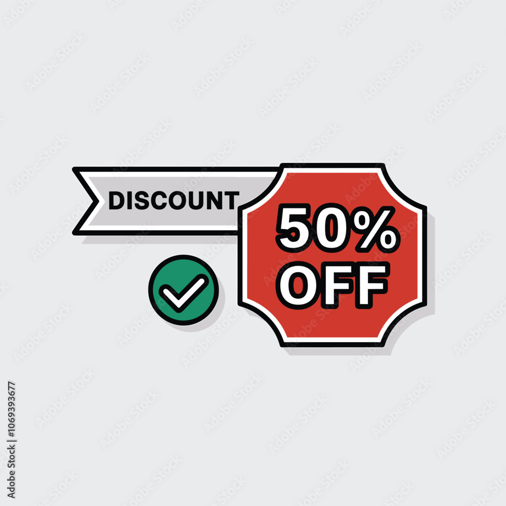 Bold red 50% off discount label with a green checkmark against a light background, indicating a sale or special offer. Bold red 50% off discount label with a green checkmark against a light background, indicating a sale or special offer.