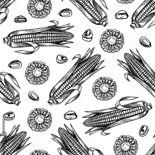 Seamless corn pattern. Vector graphics depicting sliced and whole corn cobs and grains. A black and white hand-drawn illustration. On a white background. Great for labels, packaging and textiles.