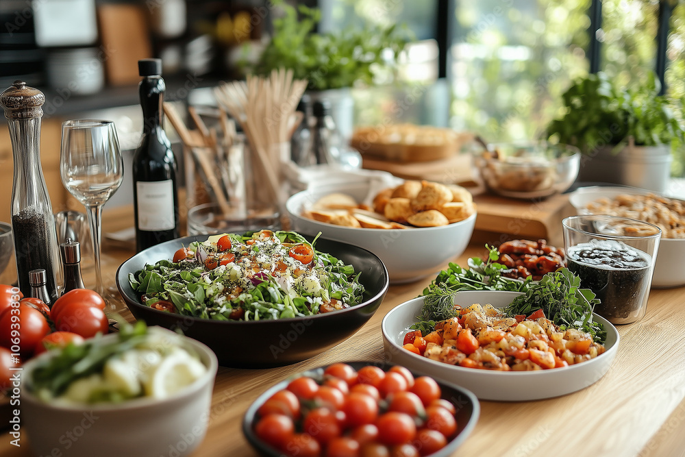 Fototapeta premium A beautifully arranged table displaying an array of fresh salads, snacks, and beverages for a delightful gathering