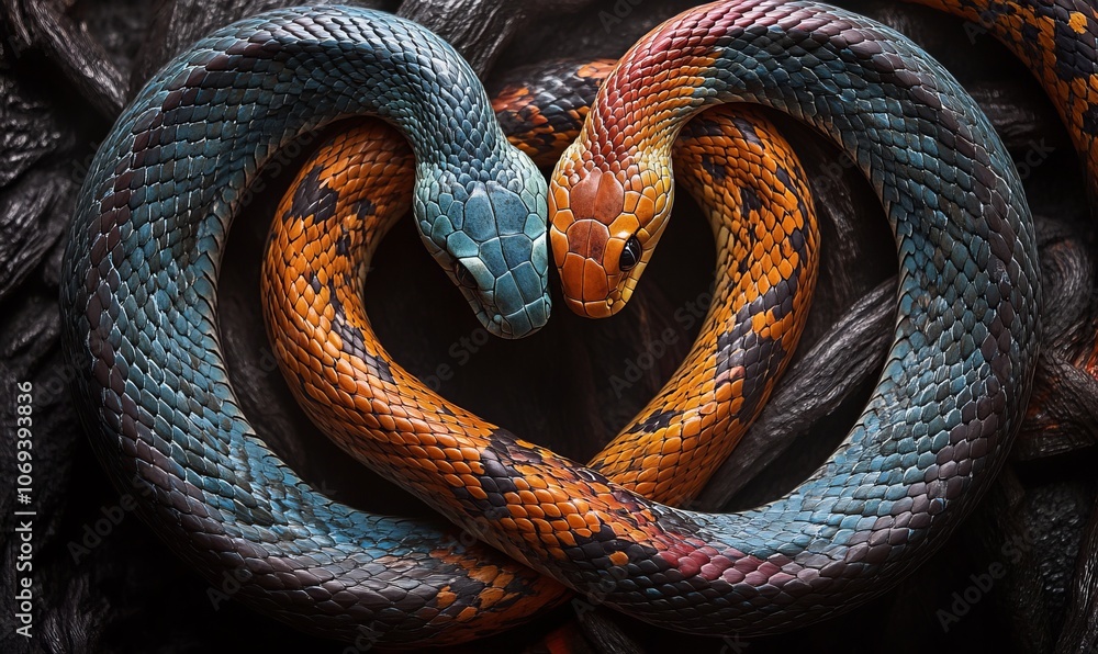 Obraz premium Two snakes forming a heart shape with their bodies