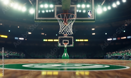 NBA basketball. Scoring basket with Boston Celtics logo. Regular season or Playoffs game concept. photo