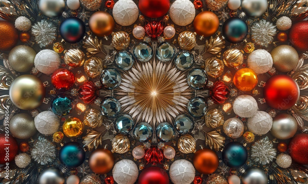 Symmetrical arrangement of Christmas ornaments in a radial pattern, with intricate geometric designs and festive colors Symmetrical arrangement of Christmas ornaments in a radial pattern, with intricate geometric designs and festive colors