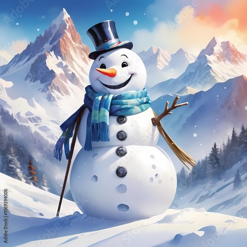 watercolor art, an Prints depicting a snowman surrounded by nowy mountains in the style of vibrant mosaic, brightly colored, joyful
