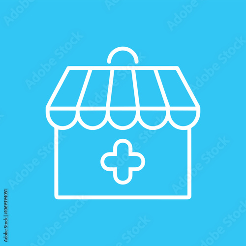 Minimalistic white healthcare store icon with a cross symbol on a vibrant blue background.
