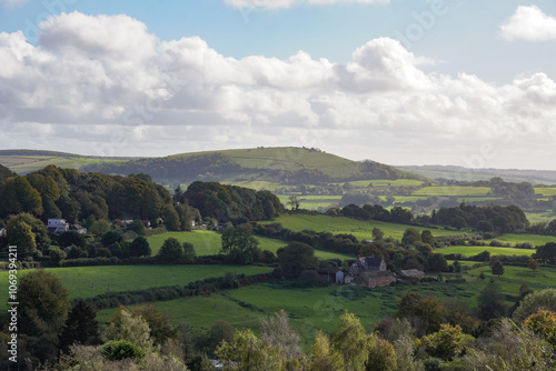 beautiful rolling hills of countryside in Dorset England. Blackmore vale scenic landscape viewed from Shaftesbury 