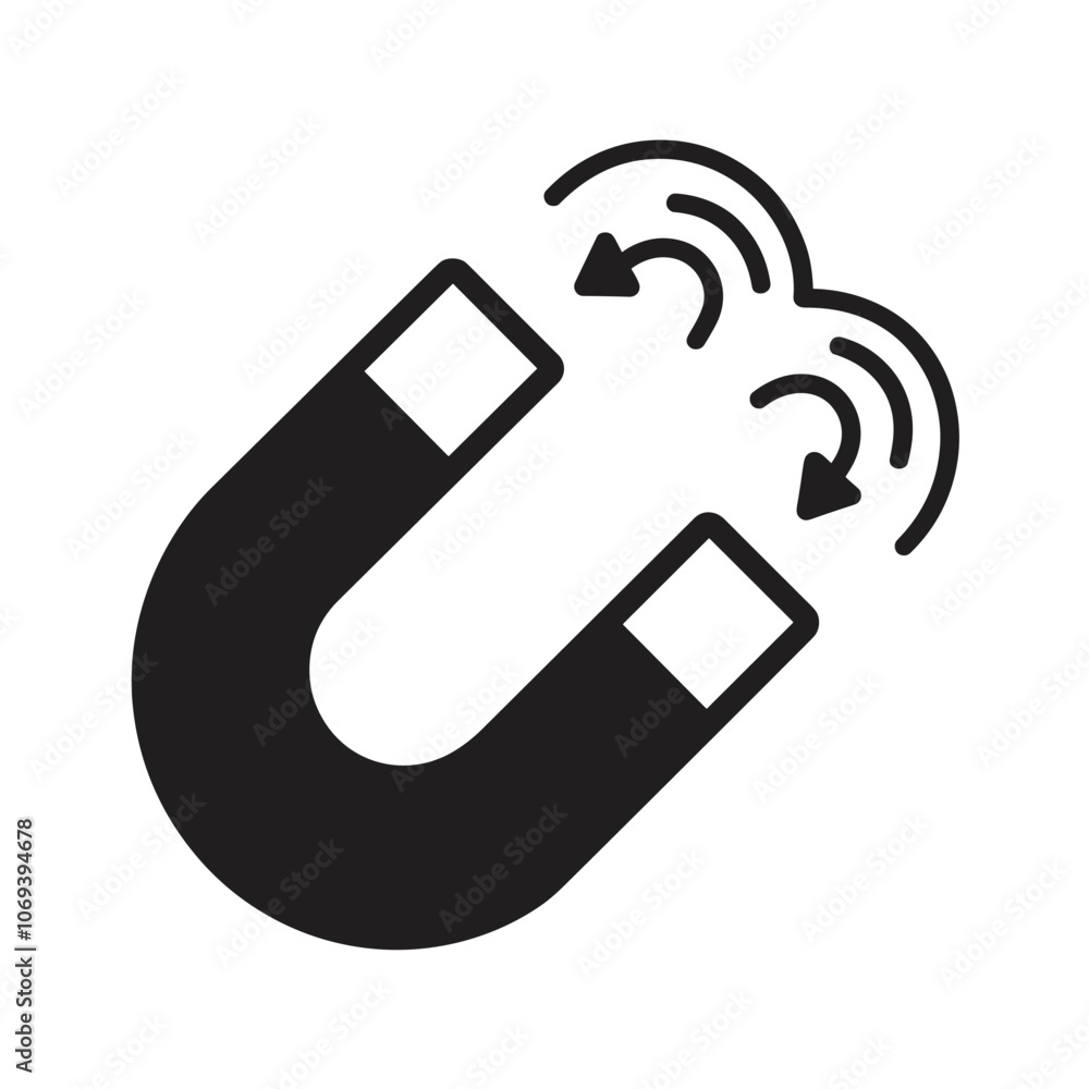Black and white illustration of a U-shaped magnet with magnetic waves, depicting the concept of attraction and magnetism. Black and white illustration of a U-shaped magnet with magnetic waves, depicting the concept of attraction and magnetism.