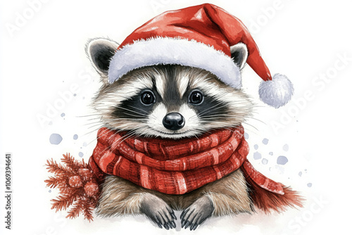 Watercolor illustration of a cute raccoon wearing a santa hat and a red scarf, creating a cheerful christmas atmosphere
