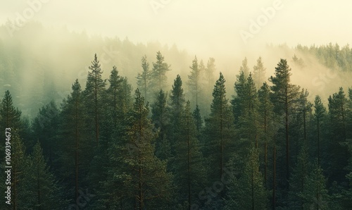 Norwegian woods in winter with misty pine trees