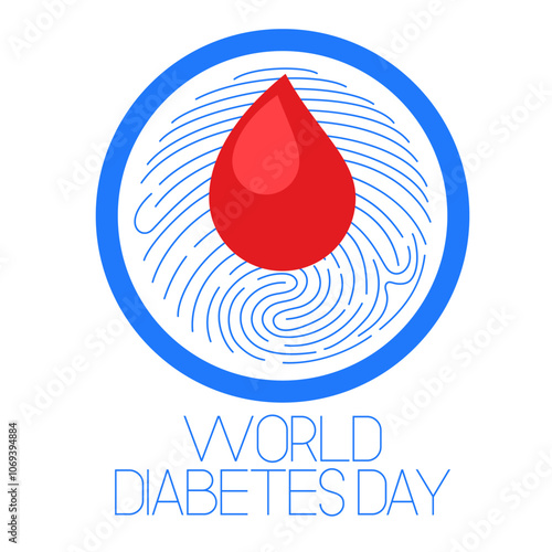 Illustration of World diabetes day awareness concept. Blood drop and blue circle of universal symbol for diabetes. Support for the fight against diabetes.