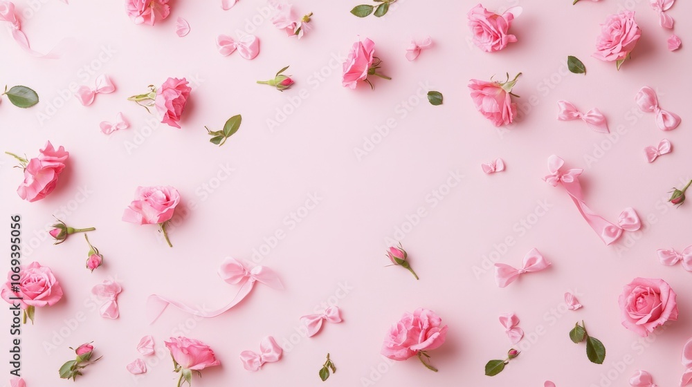 Delicate pink roses and ribbons on a soft pink background, symbolizing the essence of girlhood design Delicate pink roses and ribbons on a soft pink background, symbolizing the essence of girlhood design