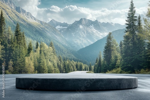 Tabletop presentation with mountain and forest backdrop for car parts and travel advertising