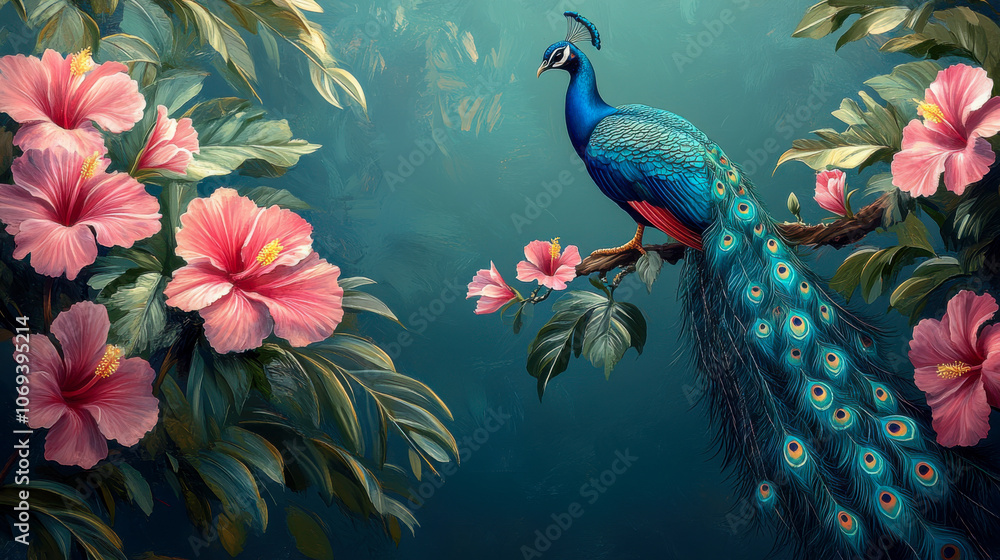 Obraz premium Majestic peacock perched among vibrant pink flowers in lush greenery