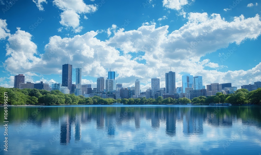 Skyline view of city buildings with reflective water and cloudy blue sky Skyline view of city buildings with reflective water and cloudy blue sky