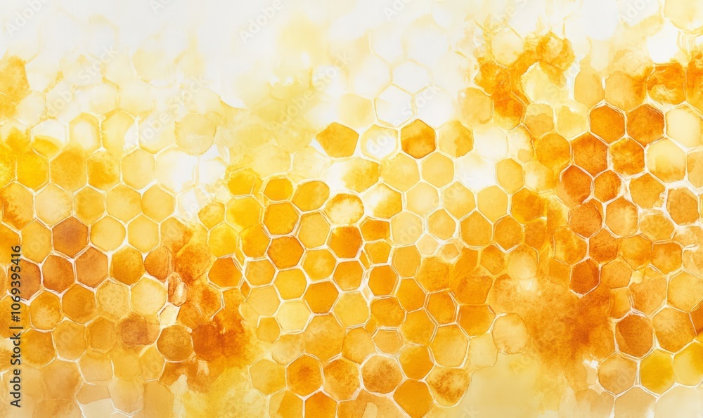 painting in watercolor with a continuous honeycomb design. Yellow honeycombs in an adorable abstract backdrop on a white background. painting in watercolor with a continuous honeycomb design. Yellow honeycombs in an adorable abstract backdrop on a white background.