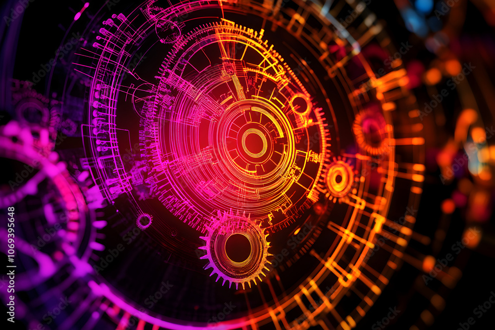 Obraz premium Vivid outline of interconnected gears and cogs in a complex system, highlighted by neon colors on a black backdrop.