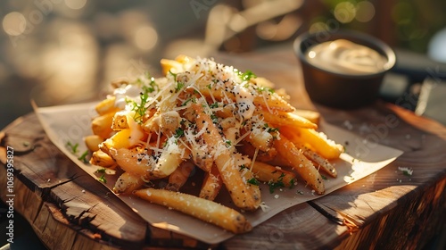 Golden crispy French fries seasoned with truffle oil and Parmesan cheese served on a wooden plank with garlic aioli on the side in the gentle sunlight of an outdoor setting