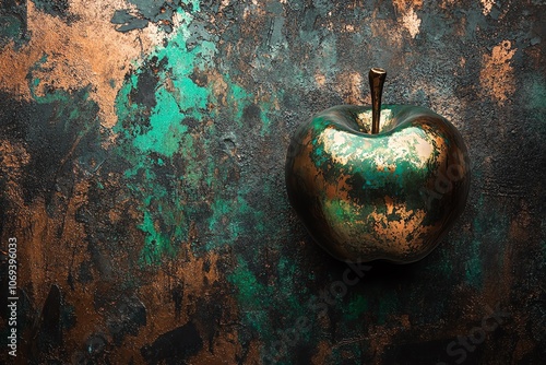 Pomme en bronze avec des éclaboussures de peinture vert émeraude et cuivre.. photo