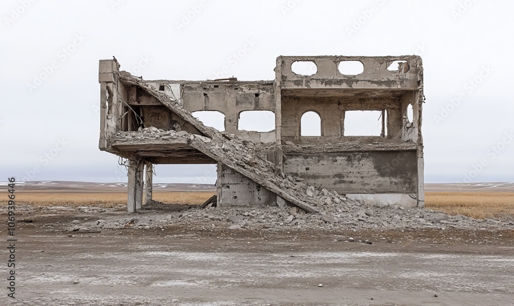 Fototapeta premium The structure shows signs of severe damage, with crumbling walls and exposed metal reinforcing in a barren landscape