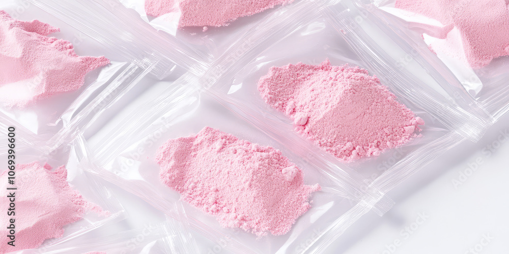 Background with clear plastic ziplock bags with pink powder inside. Drug addiction, synthetic drug, pink cocaine Background with clear plastic ziplock bags with pink powder inside. Drug addiction, synthetic drug, pink cocaine
