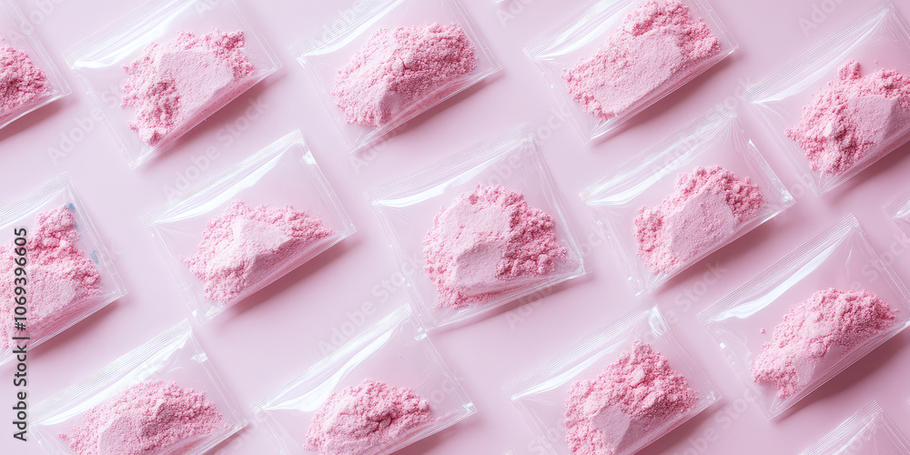 Background with clear plastic ziplock bags with pink powder inside. Drug addiction, synthetic drug, pink cocaine Background with clear plastic ziplock bags with pink powder inside. Drug addiction, synthetic drug, pink cocaine