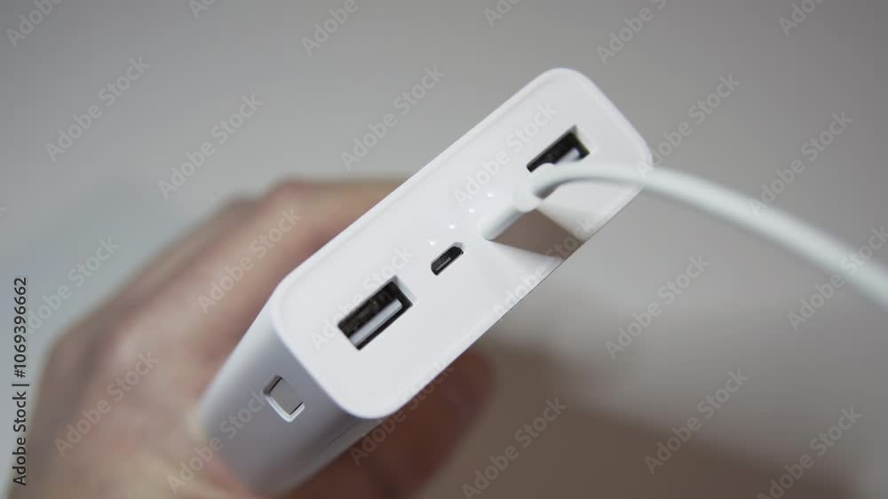 Charging a device using a portable power bank and a modern USB-C cable in a home office setting Charging a device using a portable power bank and a modern USB-C cable in a home office setting