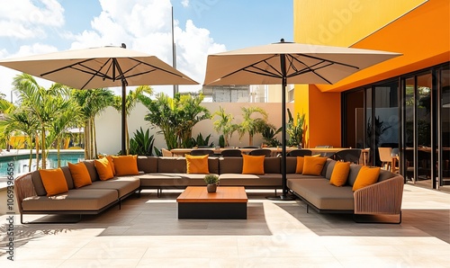 This location features a contemporary outdoor meeting space with stylish couches, tables, and large umbrellas set against a vibrant, sunny backdrop