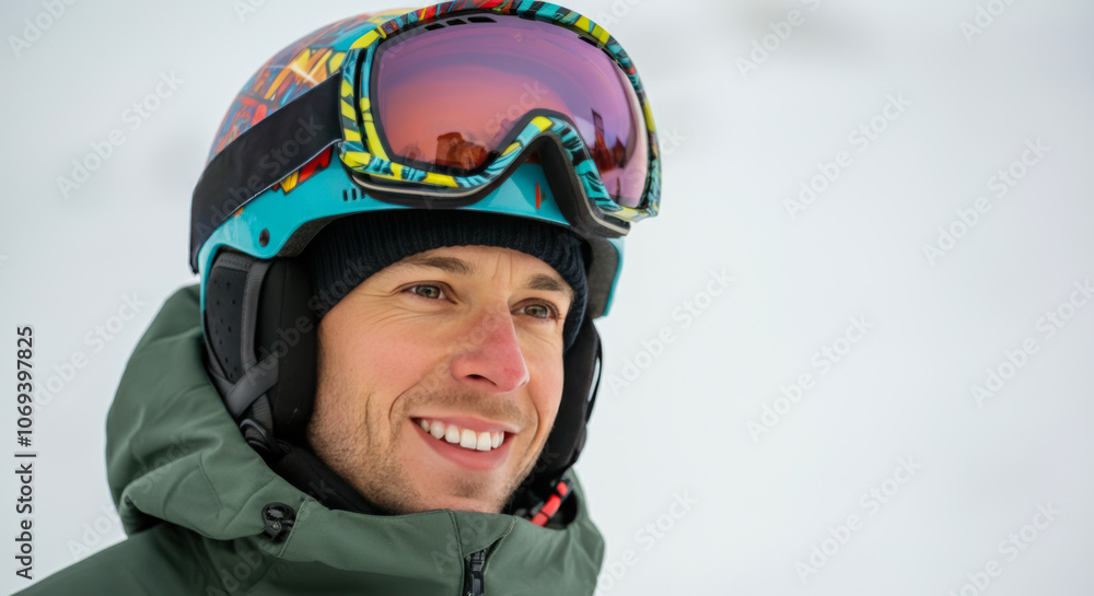 A happy skier enjoying the snowy mountains under clear skies on a bright winter day A happy skier enjoying the snowy mountains under clear skies on a bright winter day