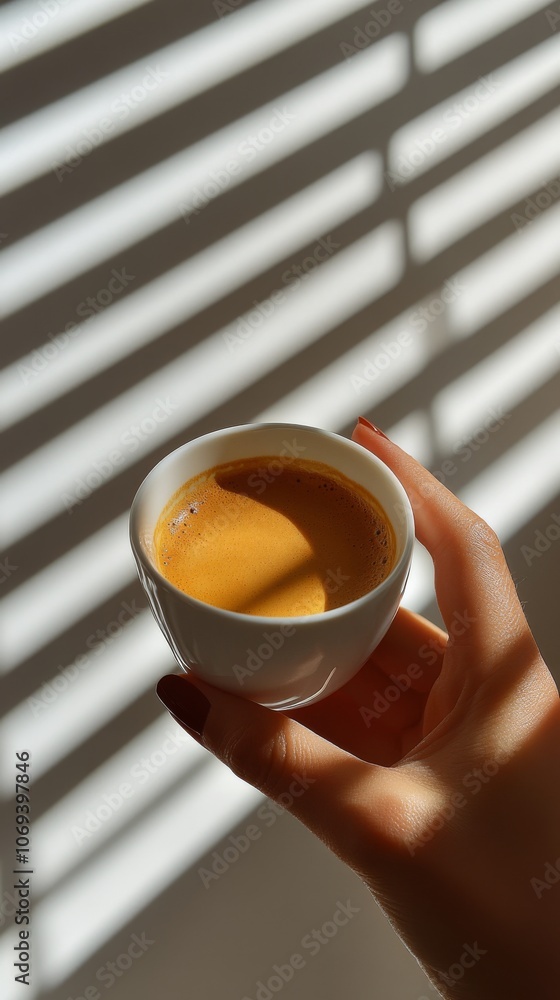 Hand holding a small cup of coffee near window with blinds during daytime