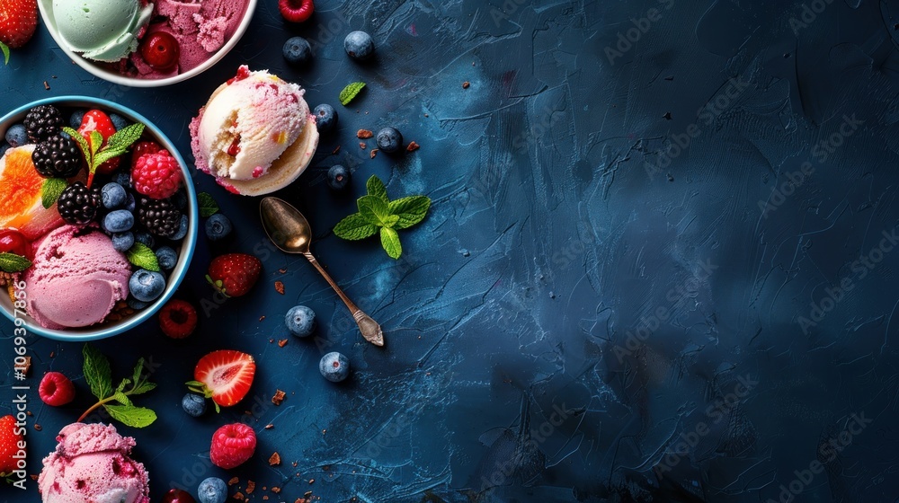 Fototapeta premium Fresh ice cream with colorful toppings, perfect summer treat on ceramic table, AI generated image