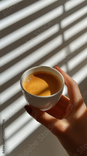 Obraz na płótnie Hand holding a small cup of coffee near window with blinds during daytime w salonie