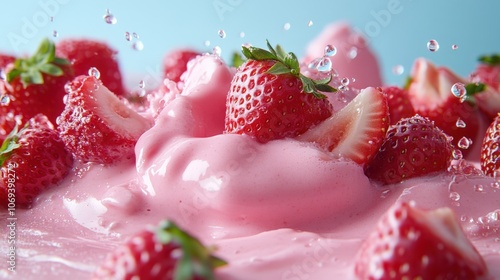 A vibrant close-up of fresh strawberries splashing into a creamy pink mixture, conveying freshness and indulgence, Ideal for food blogs, recipes, or advertising desserts and summer treats, photo