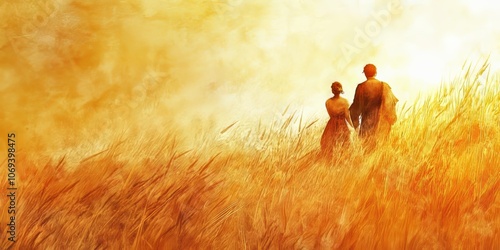 Serene abstract illustration of Ruth and Boaz in golden fields, evoking storytelling and peace, biblical scene, religious concept