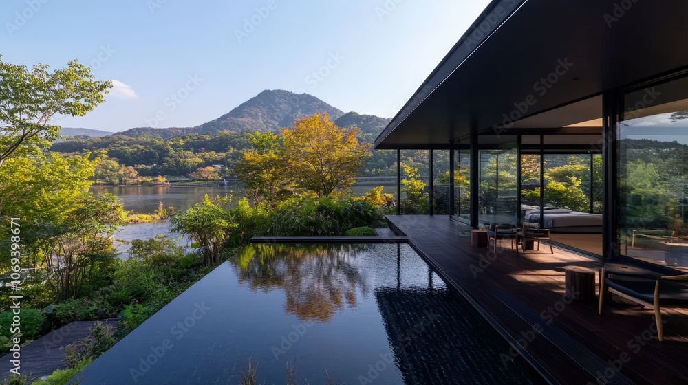 A serene modern house with large glass windows overlooks a tranquil lake and lush greenery, framed by distant mountains, perfect for wellness retreats, architecture projects, or nature-themed content A serene modern house with large glass windows overlooks a tranquil lake and lush greenery, framed by distant mountains, perfect for wellness retreats, architecture projects, or nature-themed content