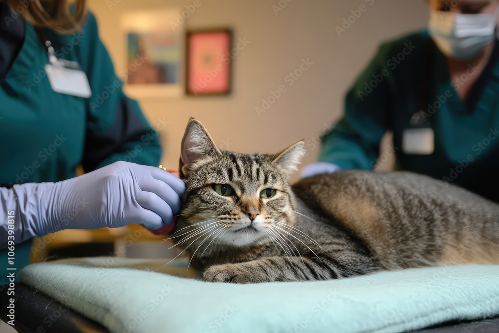 Relaxed cat receiving care from veterinary staff in professional clinic setting, surrounded by soft lighting and calming decor. Relaxed cat receiving care from veterinary staff in professional clinic setting, surrounded by soft lighting and calming decor.