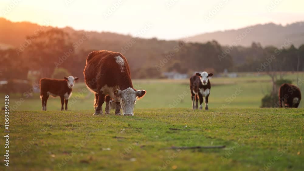 beautiful cattle in Australia eating grass, grazing on pasture. Herd of cows free range beef being regenerative raised on an agricultural farm. Sustainable farming beautiful cattle in Australia eating grass, grazing on pasture. Herd of cows free range beef being regenerative raised on an agricultural farm. Sustainable farming