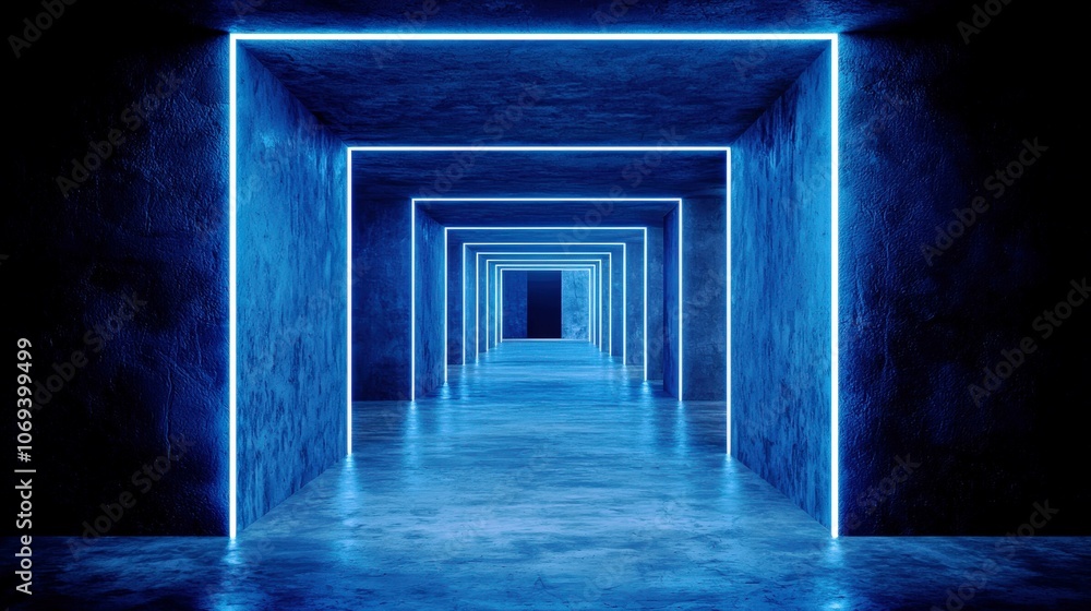 Fototapeta premium Radiant Blue Geometric Tunnel in Watercolor Style