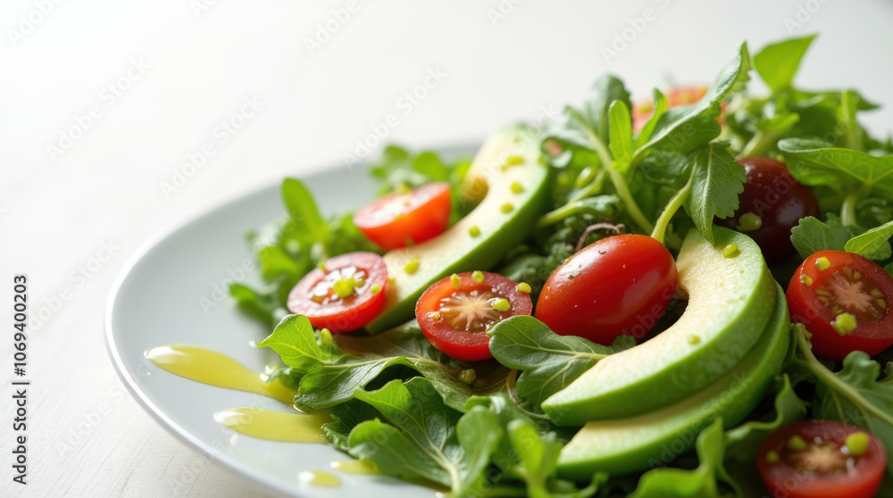 Vibrant salad with mixed greens, avocado slices, and cherry tomatoes on plate Vibrant salad with mixed greens, avocado slices, and cherry tomatoes on plate