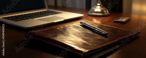 Bureau en bois foncé avec stylo argenté, journal relié en cuir et ordinateur portable fermé, espace en haut..