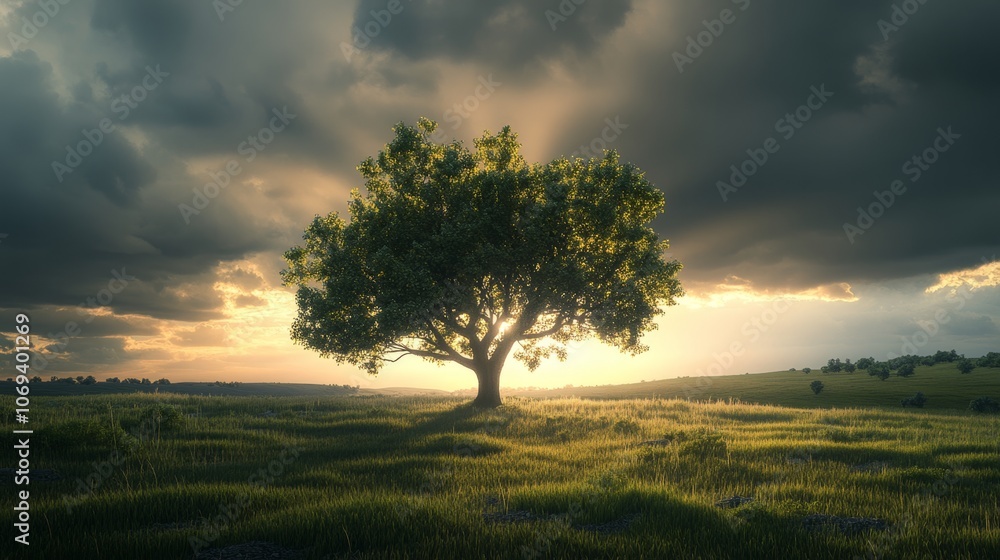 Fototapeta premium Solitary Tree in Golden Sunset Light