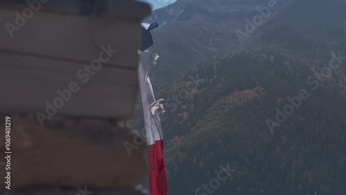 Prayer Flags in Snowcapped Mountains in Nepal, Colorful Tibetan Buddhist Prayer Flags on Blue Sky Sunny Day in the Himalayas in Annapurna, Colourful Buddhism Flags in Nature with Snowy Mountains