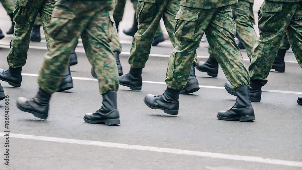 Military Marching Feet Close-Up for Patriotic and Defense Themes Military Marching Feet Close-Up for Patriotic and Defense Themes