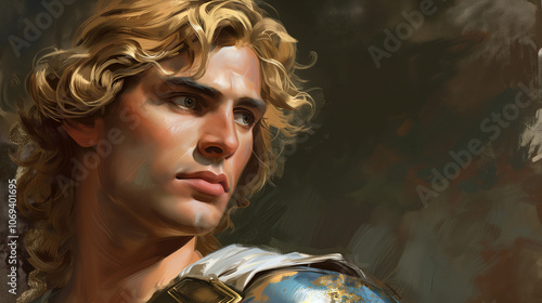 Artistic Portrait of Alexander the Great with Thoughtful Gaze and Golden Armor Accents