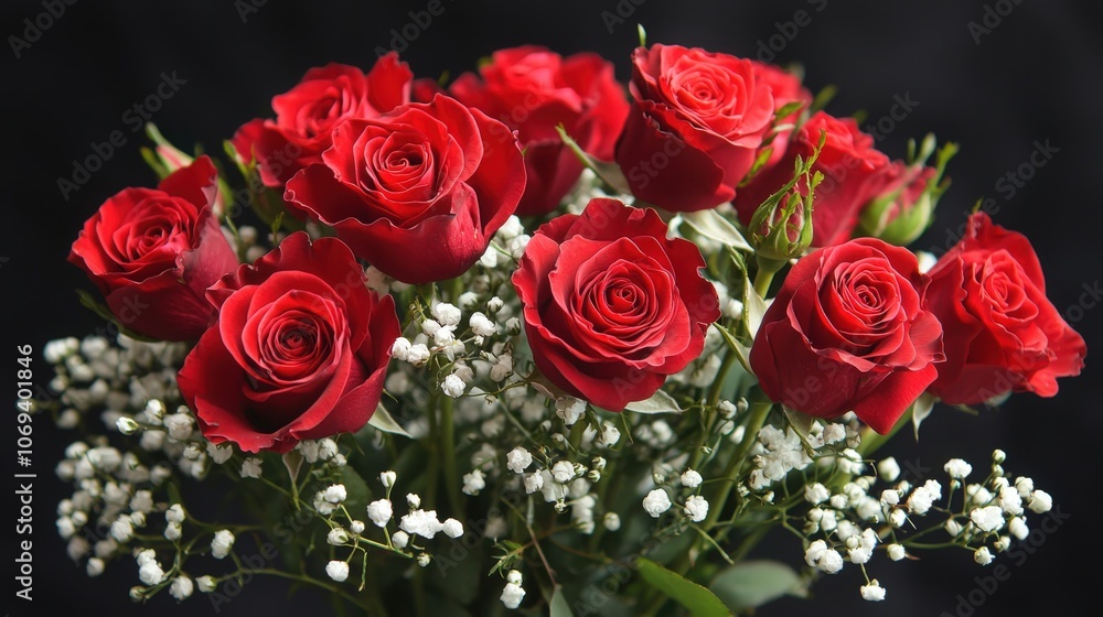 Naklejka premium A vivid bouquet of red roses and baby's breath on a dark backdrop