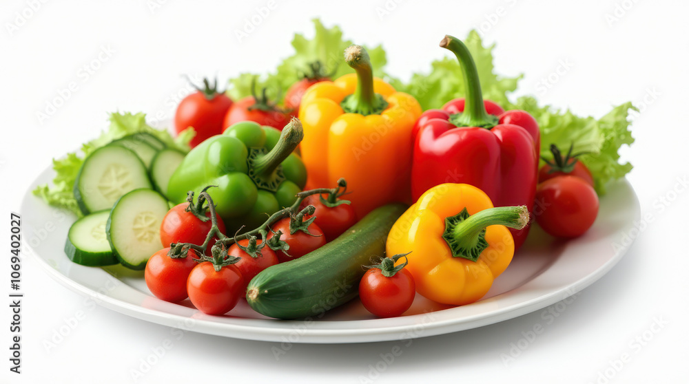 Colorful veggie platter with fresh bell peppers, cucumbers, and tomatoes
